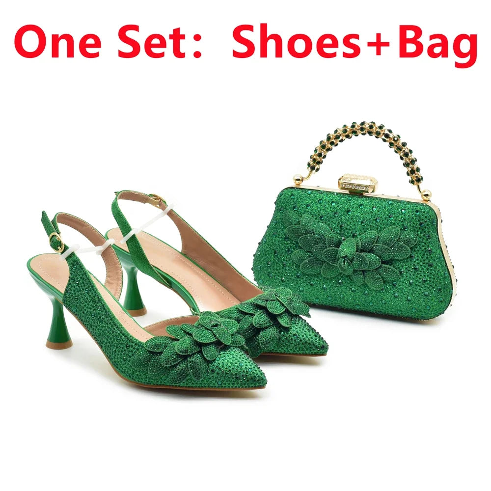 New Arrival Party Shoe and Bag Set for Women Italy Full Diamonds High Heels Luxury Woman Pumps Matching Italian Shoe and Bag Set