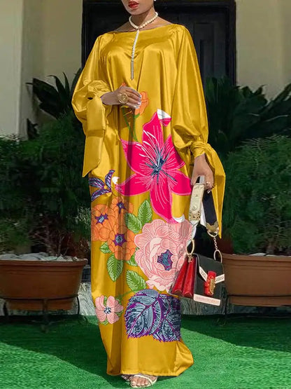 VONDA Elegant Floral Kaftan Maxi Dress – Loose Fit Satin Robe for Women