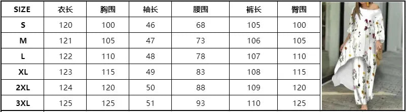 Women's Fashion Spring/Summer Casual Loose Irregular Printed Nine Sleeve Round Neck Shirt High Waist Wide Leg Pants 2-piece Set