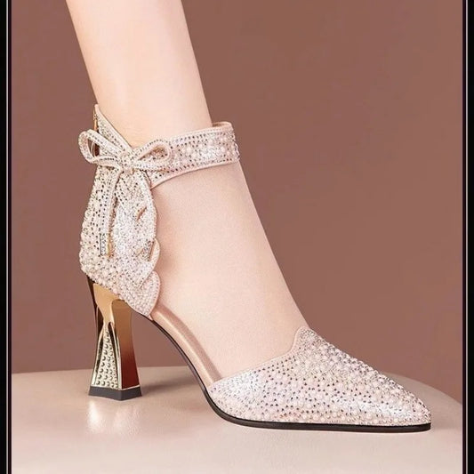New Fashion Mesh Breathable Rhinestone High Heel Boots Elegant Pointed Toe Dress Pumps Women Banquet Wedding High Heels Size 43