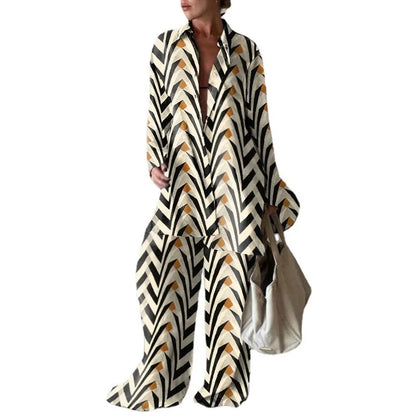 Women Set Autumn Long Sleeve Lapel Printed Casual Fashion Elegant Beach Loose Wide Leg Trousers Ladies Two Piece Suits Pant Sets