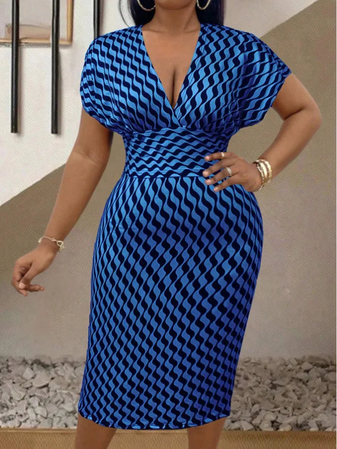 Women's Sexy Deep V Neck Package Hip Dress Spring Summer Elegant Fashion Print Short Sleeve High Waist Slim Midi Dresses Femme