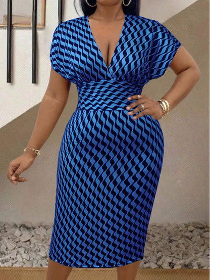 Women's Sexy Deep V Neck Package Hip Dress Spring Summer Elegant Fashion Print Short Sleeve High Waist Slim Midi Dresses Femme