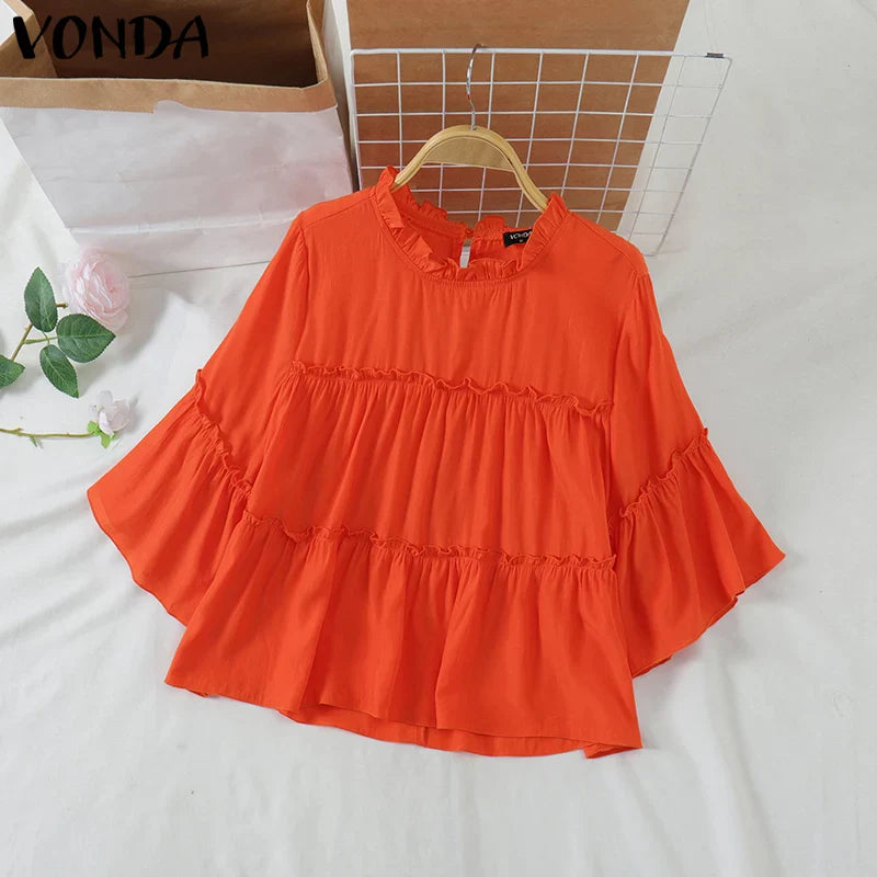VONDA Women Ruffled Shirts 2025 Casual Flare Sleeve Tops Bohemian Blusas Solid Color Elegent Blouse Female Summer Tunic Oversize