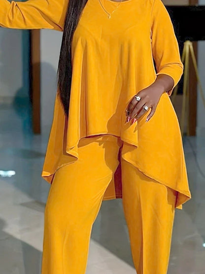 Women Two Piece Sets Pant Set Round Neck Matching Sets Casual Loose Irregularity Tops Long Pants Elegant Splice Y2k Streetwear