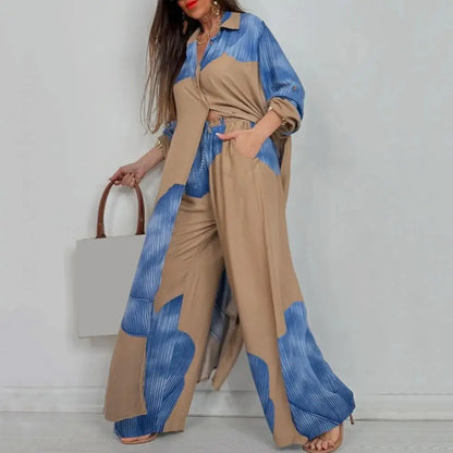 Two-piece Suit Women Contrasting Color Suit Stylish Women's V-neck Patchwork Printed Suit for Various Occasions Loose Fit Top
