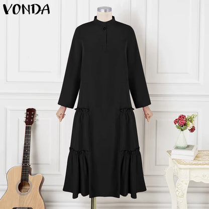 Plus Size VONDA Women Ruffled Maxi Long Dress 2024 Casual Solid Color A-Line Shirt Dress Stand Collar Long Sleeve Party Vestido