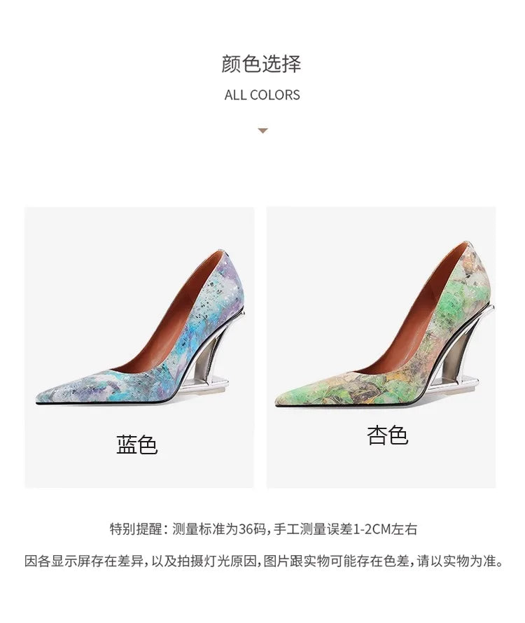 Spring Pumps Women Shoes Flower Totem Slip-On Shallow Shoes Wedding Party Pointed Toe High Heels Pump Femme Special-shaped Heel