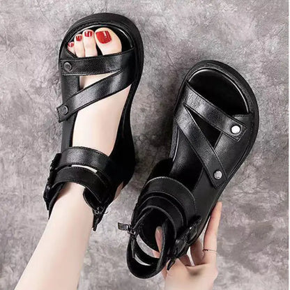 Women's Sandals Summer 2024 Mid Heeled Wedges Shoes for Women Retro Leather Gladiator Sandals Platform Rome Sandalias De Mujer