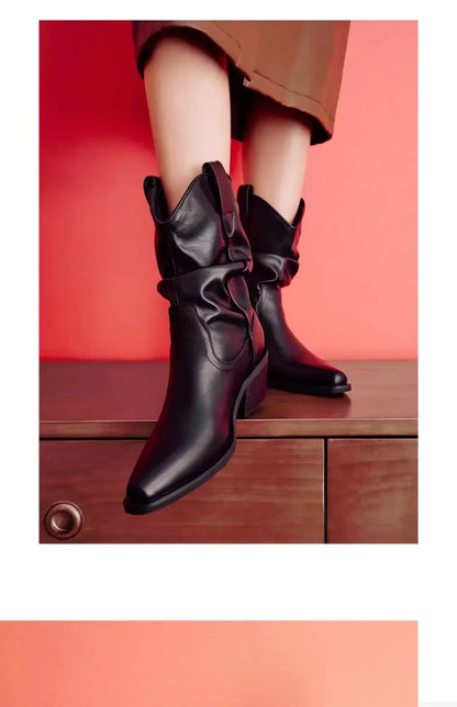 Women Chunky Heeled Western Boots Faux Suede Ankle Boots Woman Autumn Vintage Loose Tube Pleated Mid Calf Cowboy Botas Mujer