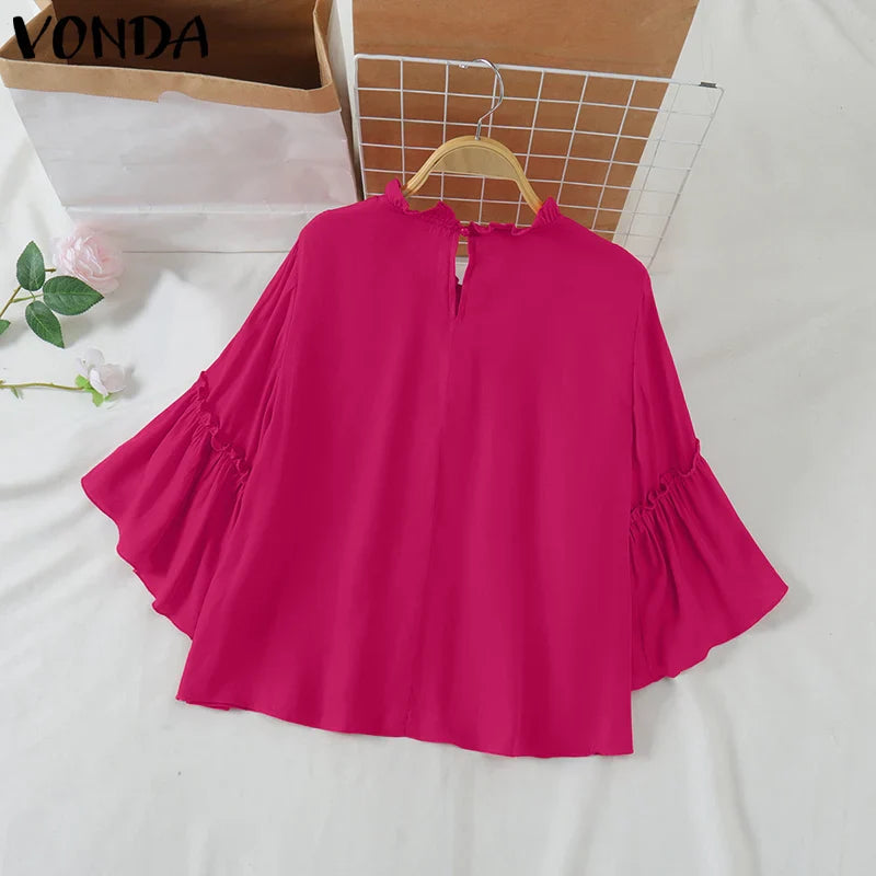 VONDA Women Ruffled Shirts 2025 Casual Flare Sleeve Tops Bohemian Blusas Solid Color Elegent Blouse Female Summer Tunic Oversize
