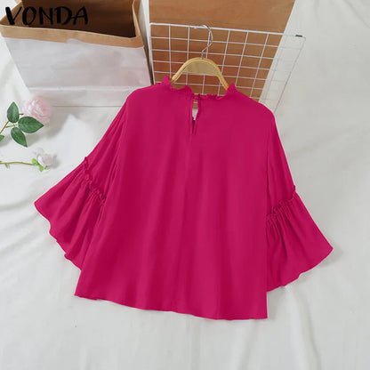 VONDA Women Ruffled Shirts 2025 Casual Flare Sleeve Tops Bohemian Blusas Solid Color Elegent Blouse Female Summer Tunic Oversize