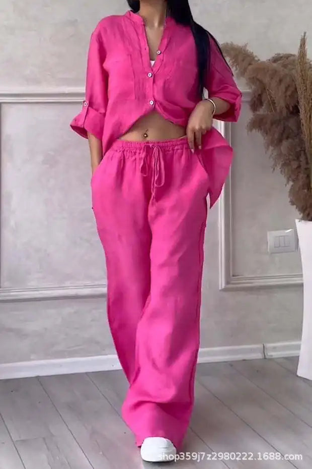Women's Fashion Set Casual Long Sleeve Pocket Shirts + Loose Wide Leg Pants 2 Piece Set For Women Spring Autumn Women Clothes