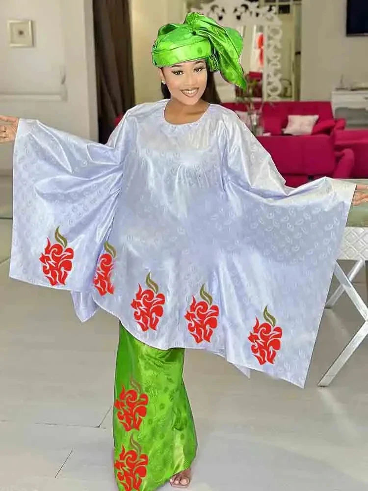 Shiny Bazin Riche Long Dresses For Ankara Women Daily Clothing Free Size 2024 Latest Free Size Bazin Riche Dashiki Robe Scarf