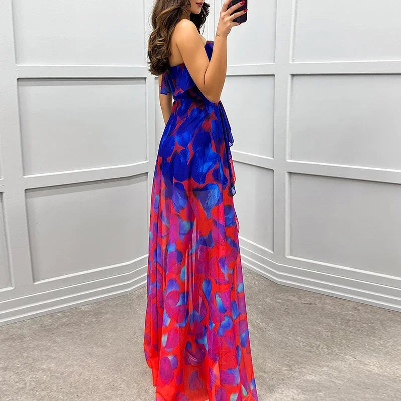 Women Sexy Strapless Ruffle Irregular Maxi Dress Spring Print Mesh Pleated Long Dress Summer Off Shoulder Backless Party Dresses