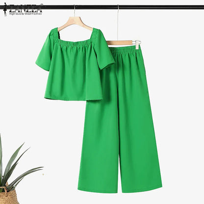 ZANZEA Women Short Sleeve Square Collar Tops Elastic Waist Pant Sets Summer Outfits Elegant Floral Embroidery Two Piece Suts