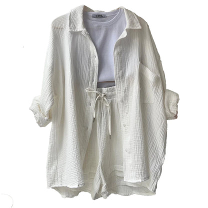 Women's Short Sets 2 Pcs Sale Grass Green Loose Button Cardigan Blouse Coats & Drawstring Wide Leg Loose Short Pant Suits