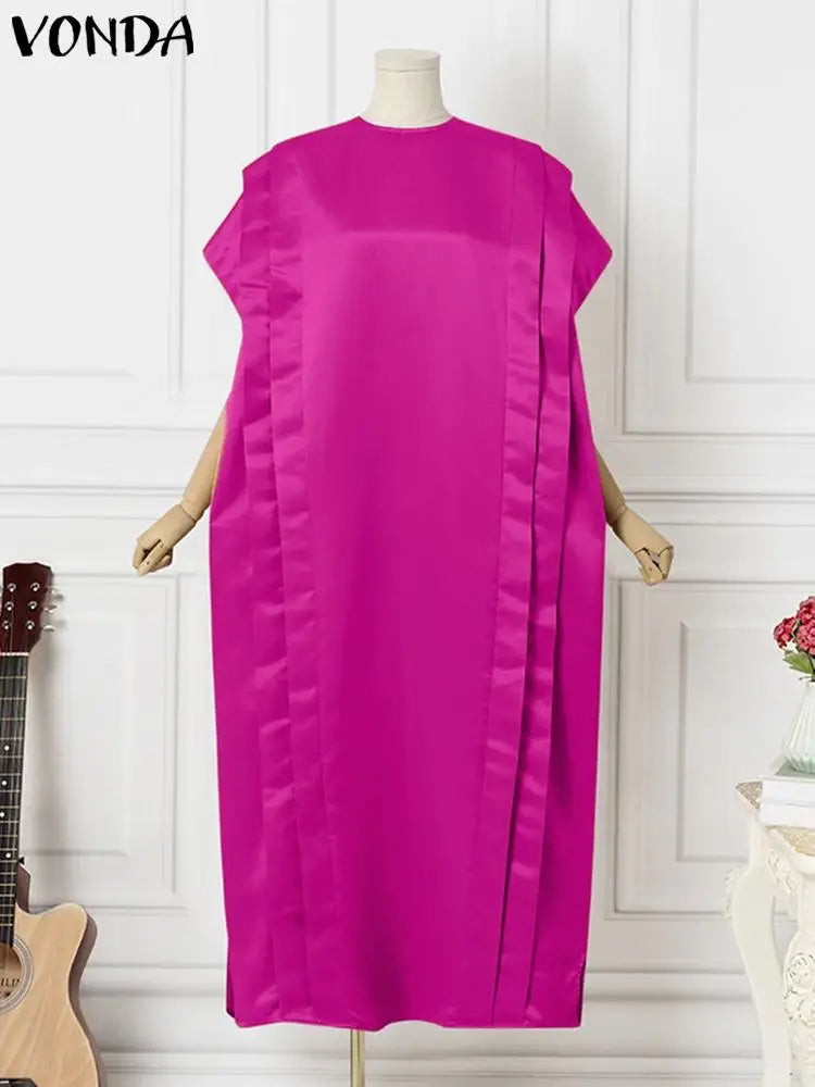VONDA Oversize Women Maxi Dress Elegant Short Sleeve Ruffled Satin Silk Party Sundress 2024 Casual Loose Solid Color Summer Robe