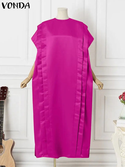 VONDA Oversize Women Maxi Dress Elegant Short Sleeve Ruffled Satin Silk Party Sundress 2024 Casual Loose Solid Color Summer Robe