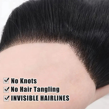 Premium Men Hair Toupee 100% Human Hair Natural Black Straight Invisible Seamless Frontal For All Light Beige Types Ethnicities