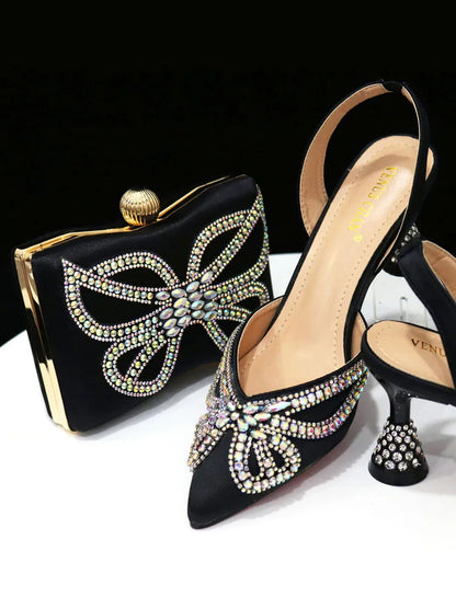 Venus Chan 2023 Yellow Classy Bowknot Pointed Toe Women's Shoes High Heel Elegant Sandals Shallow Mouth Shoes Bag Set Women
