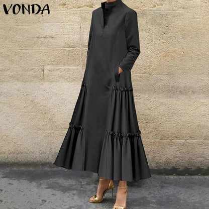Plus Size VONDA Women Ruffled Maxi Long Dress 2024 Casual Solid Color A-Line Shirt Dress Stand Collar Long Sleeve Party Vestido