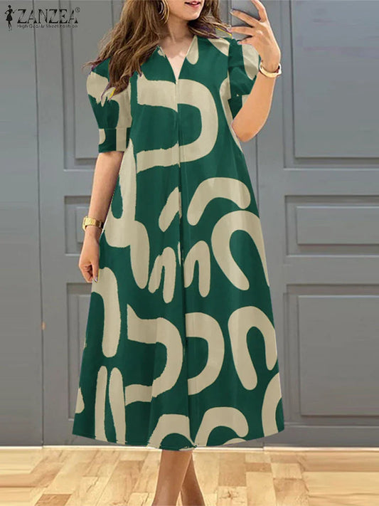 ZANZEA Women's A-line Midi Dresses Street Fashion All-Over Print Short Puff Sleeve V-Neck Robes Femme 2025 Summer Loose Vestidos