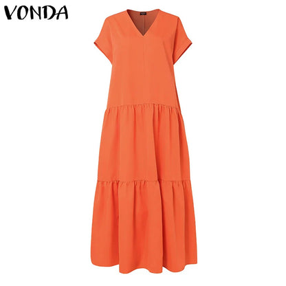 Plus Size VONDA Women Bohemian Dress 2025 Summer Sundress Solid Color Casual Short Sleeve Party Ruffled Vestidos V-Neck Robe