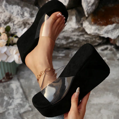 Trade Big Size New Style One-Strip Transparent Toe Exposed Platform Thick-Heeled Waterproof Platform Slippers Women's Slippers