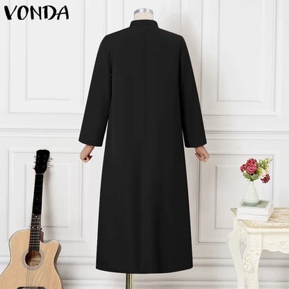 Plus Size VONDA Women Ruffled Maxi Long Dress 2024 Casual Solid Color A-Line Shirt Dress Stand Collar Long Sleeve Party Vestido