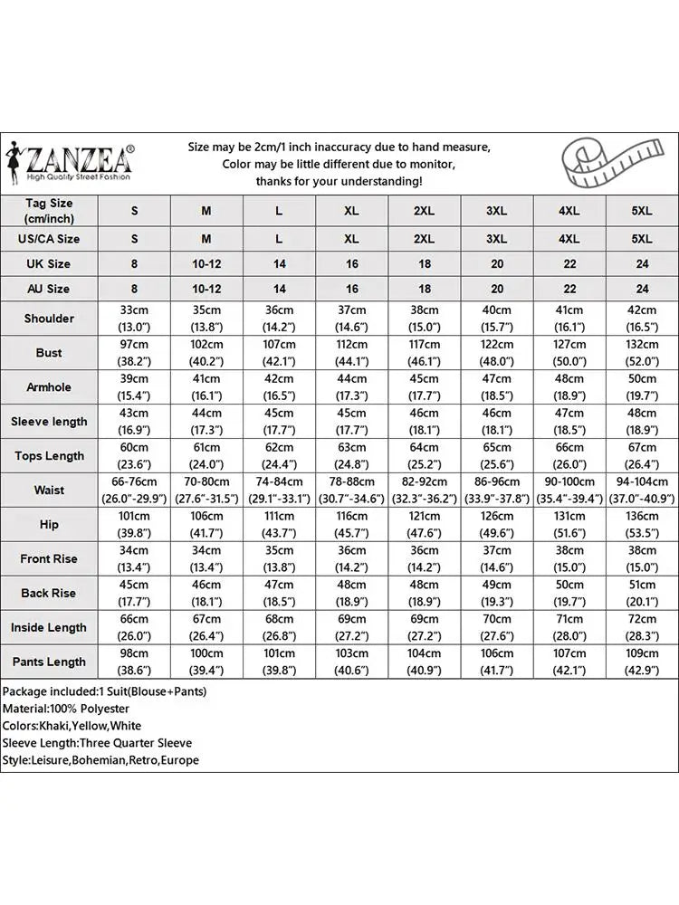 ZANZEA Fashion Women 3/4 Sleeve Embroidery Blouse Pants Sets Autumn 2PCS Floral Tracksuit Casual Loose Wide Leg Trousers Suits