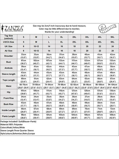 ZANZEA Fashion Women 3/4 Sleeve Embroidery Blouse Pants Sets Autumn 2PCS Floral Tracksuit Casual Loose Wide Leg Trousers Suits