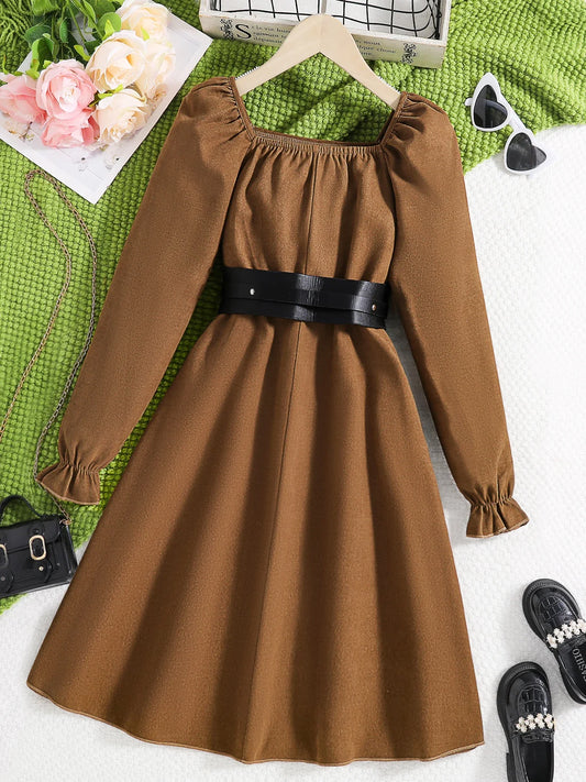 Spring and autumn new girls fashion French retro long sleeve waist slimming A line pleated dress