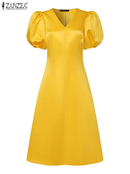ZANZEA Woman Elegant Party Dress Summer Puff Sleeve V-Neck Dresses Fashion Solid Sundress Vintage A Line Vestidos Oversized 2024