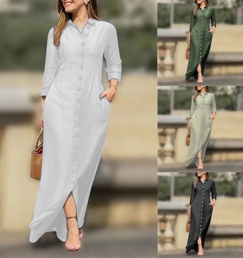 Women's Dress Single Breasted Temperament Long Sleeved Robe Retro Long Style Solid Color Casual Dress Button Up Shirt Long Style
