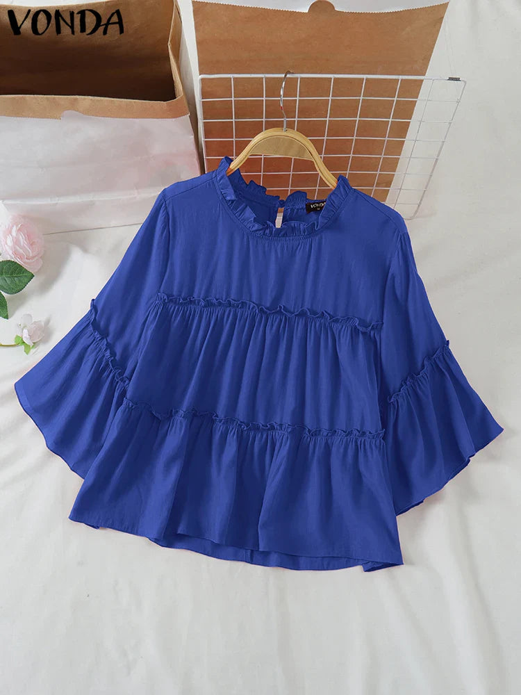 VONDA Women Ruffled Shirts 2025 Casual Flare Sleeve Tops Bohemian Blusas Solid Color Elegent Blouse Female Summer Tunic Oversize