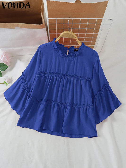 VONDA Women Ruffled Shirts 2025 Casual Flare Sleeve Tops Bohemian Blusas Solid Color Elegent Blouse Female Summer Tunic Oversize