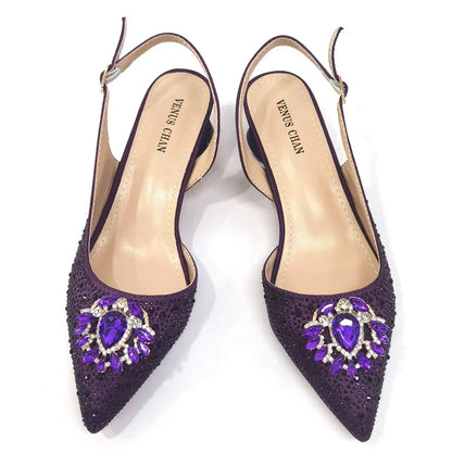 New Arrival Fashion Shoes Matching Bag Set Royal Blue Color Decorated with Crystal Ladies Wedding Party Women High Heel