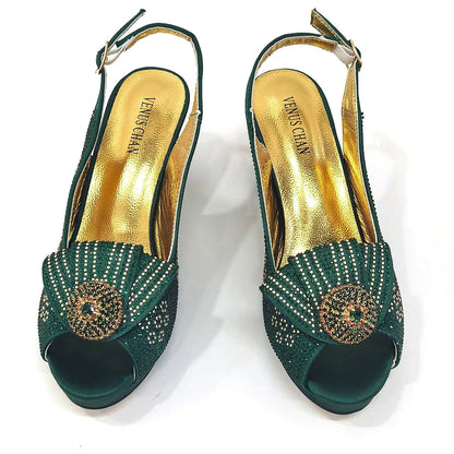 Venus Chan 2024 Italian Design Girly Style Golden Color Wedding Shoes And Bag Full Diamond Decoration Metal Closure Bags