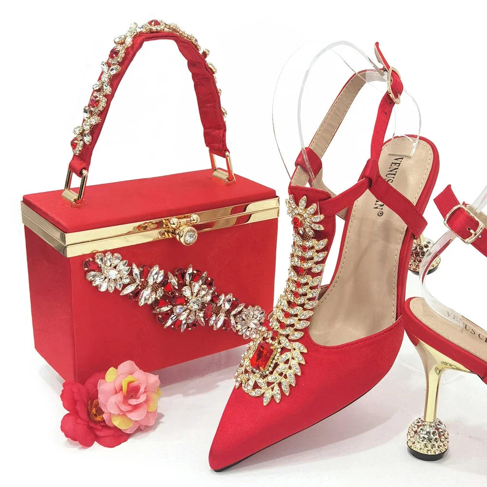 Venus Chan 2023 Italian Design Girly Style Pointed Toe Wedding Shoes And Bag, Full Diamond Decoration Metal Closure Bag