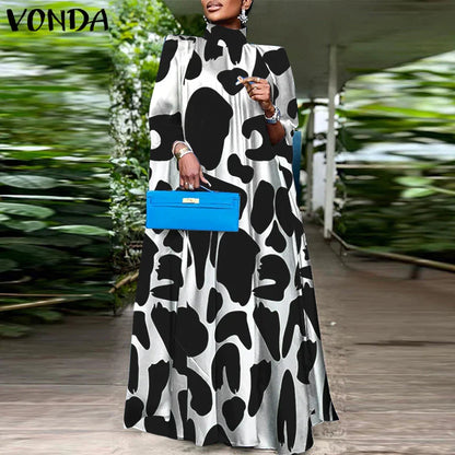 VONDA Women Elegant Printing Maxi Long Dress 2025 Casual Stand Collar Robes Bohemian Bat-wing Sleeve Party Vestidos Oversized