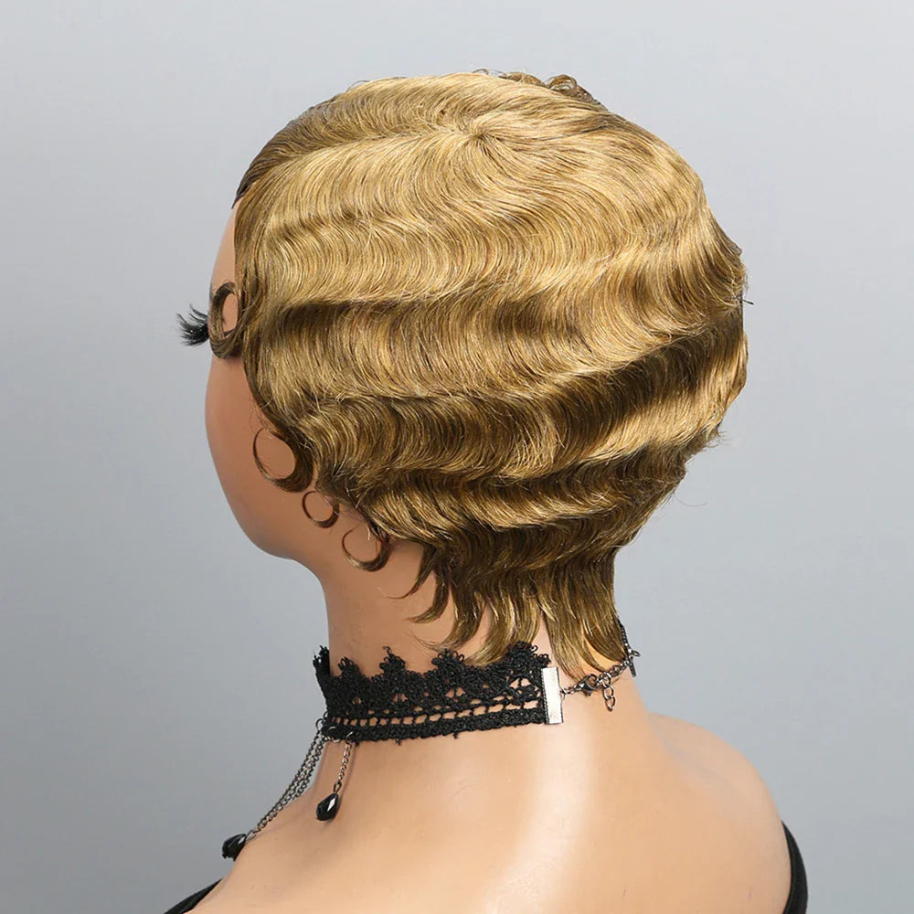 Short Finger Wave Wig Human Hair Wigs For Women 180% Density Brown Short Ocean Wave Wig Pixie Cut Wigs for Woman Natural Look