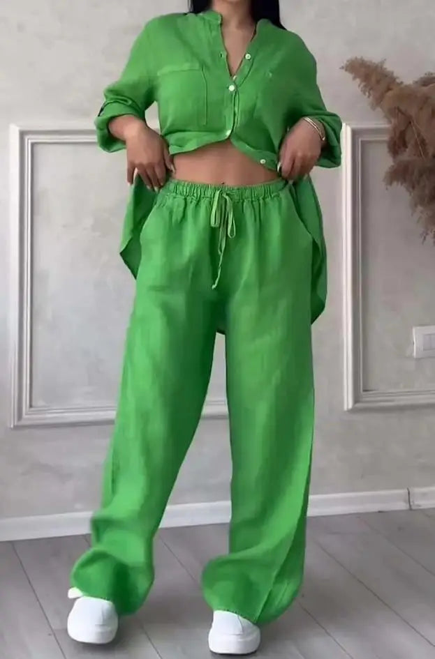 Women's Fashion Set Casual Long Sleeve Pocket Shirts + Loose Wide Leg Pants 2 Piece Set For Women Spring Autumn Women Clothes