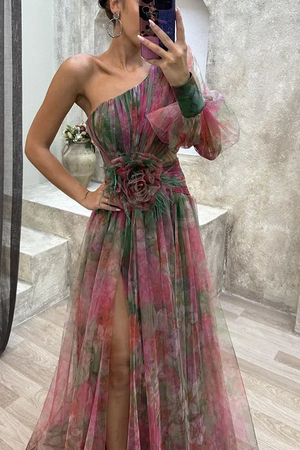 Women New Party Mesh Sloping Shoulder Dress Casual Fashion Sexy High Waist Long Maxi Loose Dress