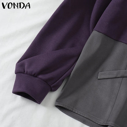 VONDA Casual Pullovers Round Neck Hoodies Spring Patchwork Contrasting Button Long Sleeved Sweatshirts 2025 Oversized Blouses