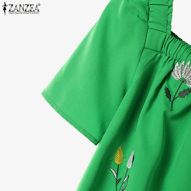 ZANZEA Women Short Sleeve Square Collar Tops Elastic Waist Pant Sets Summer Outfits Elegant Floral Embroidery Two Piece Suts