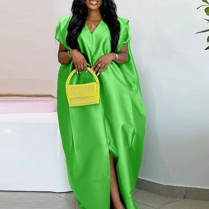 VONDA Plus Size Bohemian Women Maxi Dress 2025 Summer Split Long Sundress V-Neck Short Sleeve Casual Solid Party Satin Robe 5XL