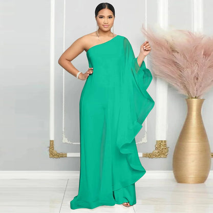 White Wide Leg Party Jumpsuit Sexy Women One Shoulder Elegant Solid Ruffles Casual Overalls Rompers