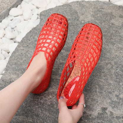 Summer Mesh Hole Flat Sandals For Women Jelly Shoes Elegant Fisherman Loafers Walking Comfy