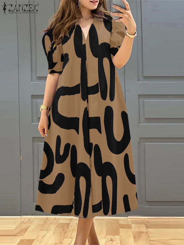 ZANZEA Women's A-line Midi Dresses Street Fashion All-Over Print Short Puff Sleeve V-Neck Robes Femme 2025 Summer Loose Vestidos